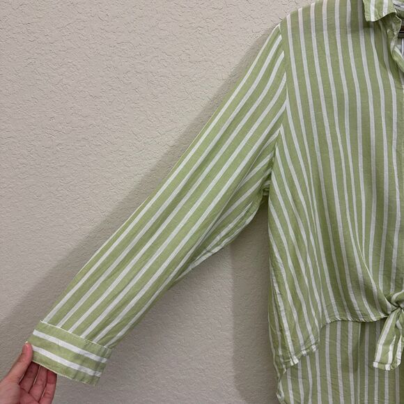 LOLA RIVER Striped Shirt Green White Button Up Tie Roll Tab Sleeve - Picture 5 of 11